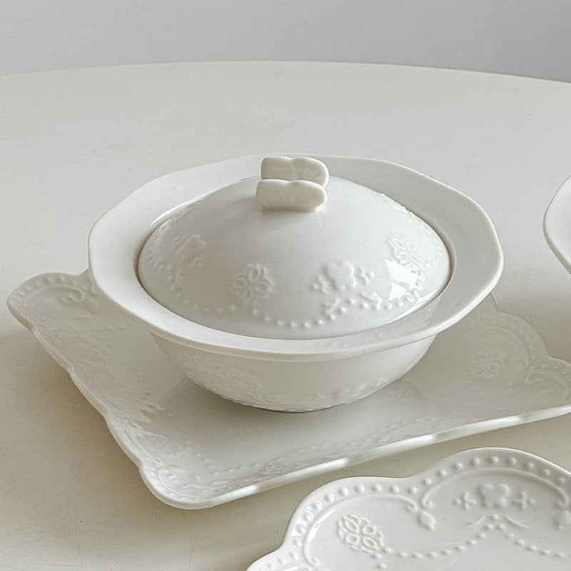 Relief Court Style Covered Bowl And Plate Set