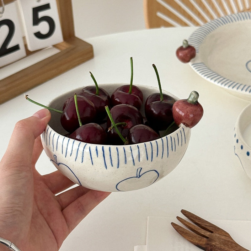Hand-Painted Small Apple-Shaped Bowls And Plates - Rustic Pottery Tableware Set