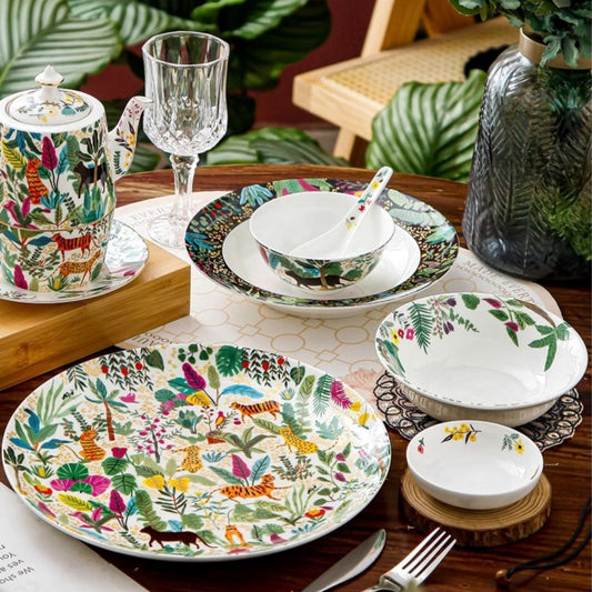 Dream Jungle Series Bone China Home Dining Plates, Bowls, Dishes And Tableware Light Luxury Set