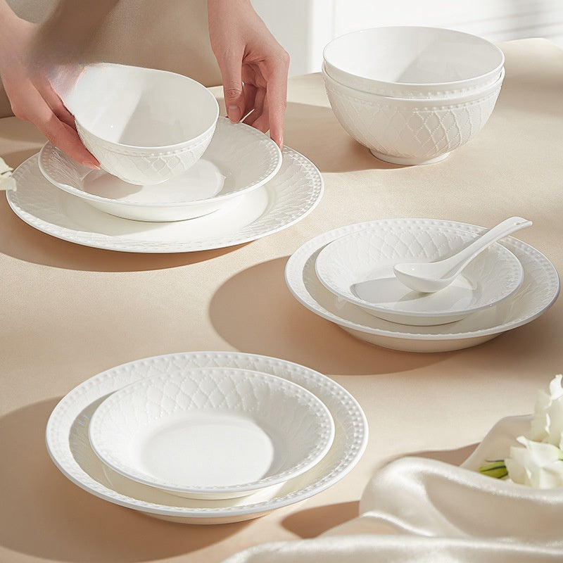 Magoronte Fontaine White Exposed Bone China French Household Tableware Bowl, Plate And Spoon Set Gift Box