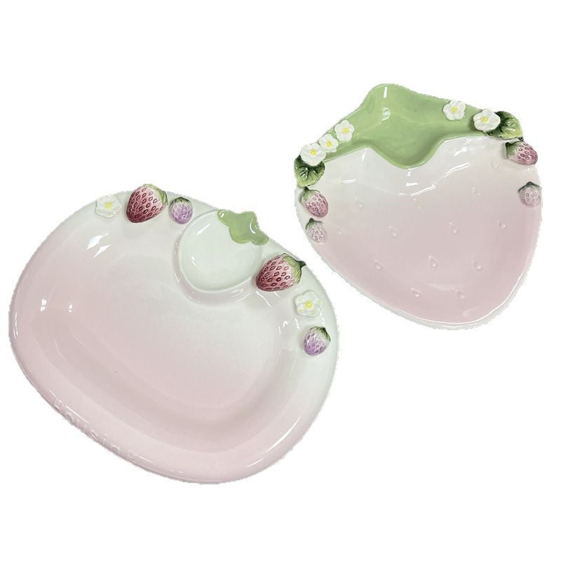 Strawberry relief hand-painted ceramic plate dessert tray jewelry tray