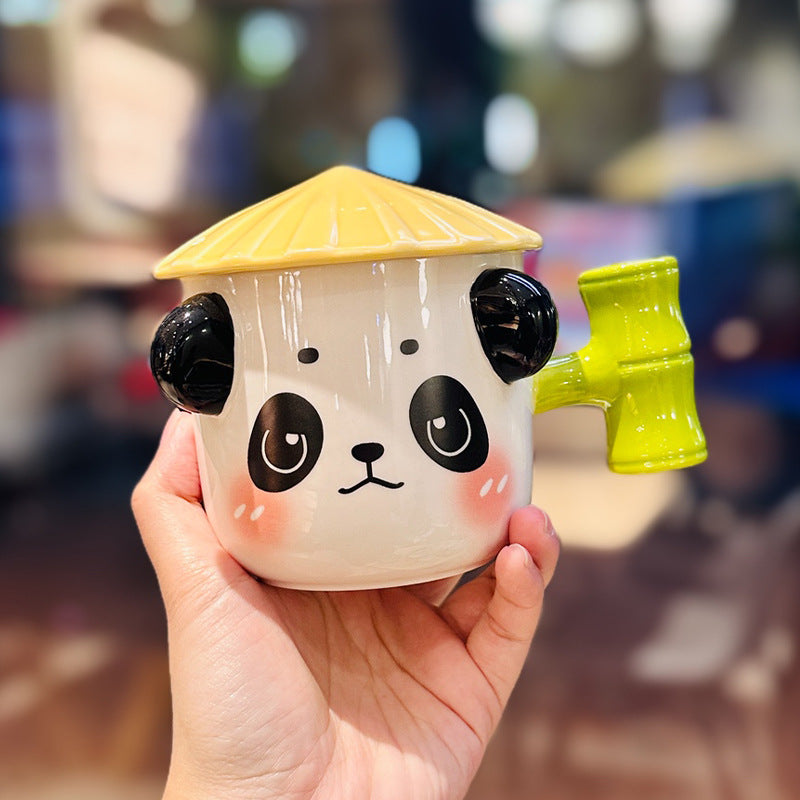 Cute ceramic panda bamboo mug with lid stereoscopic cartoon animal office water cup coffee cup with hand salute