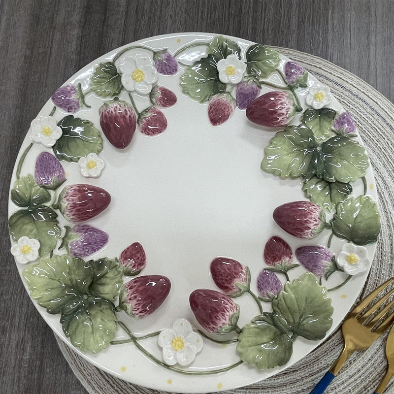 Strawberry relief hand-painted ceramic plate dessert tray jewelry tray