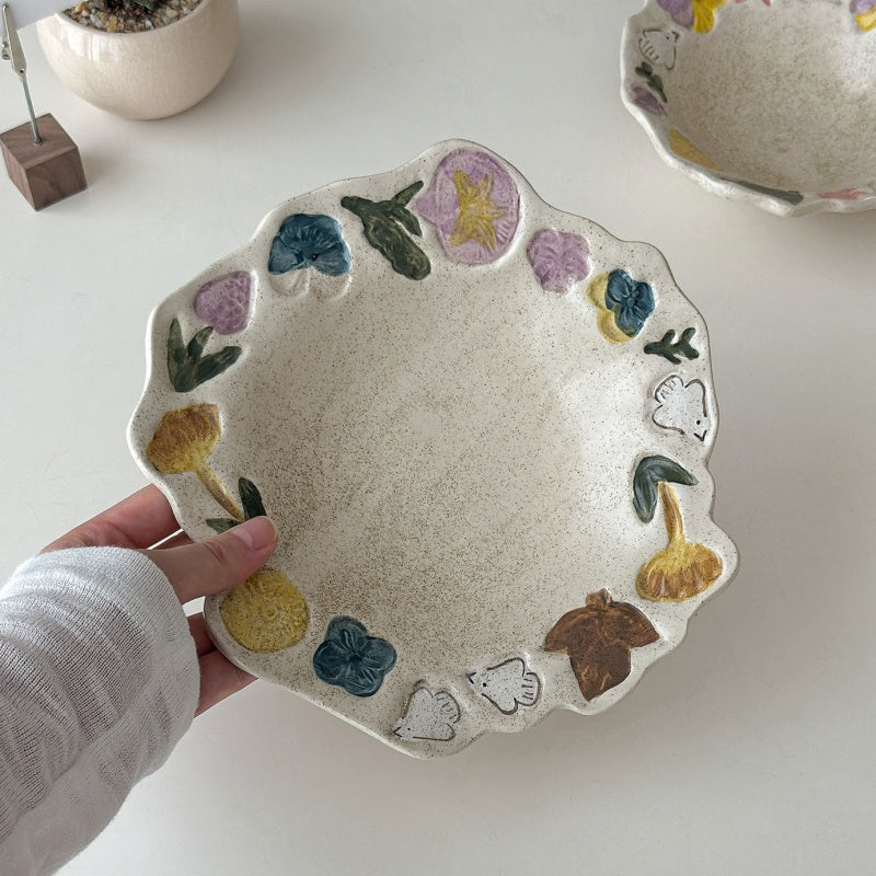 Retro Hand-Painted Underglaze Ceramic Dish Set With Bird And Flower Patterns For Dining