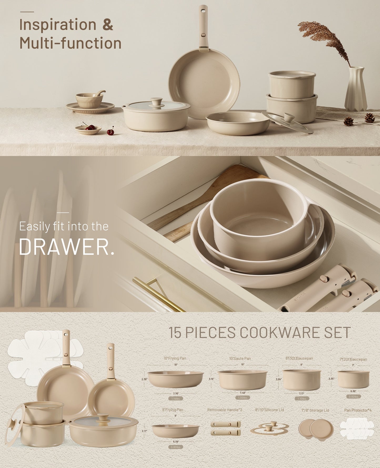 Beige Detachable Handle Universal Household Ceramic Non-Stick Pan Set