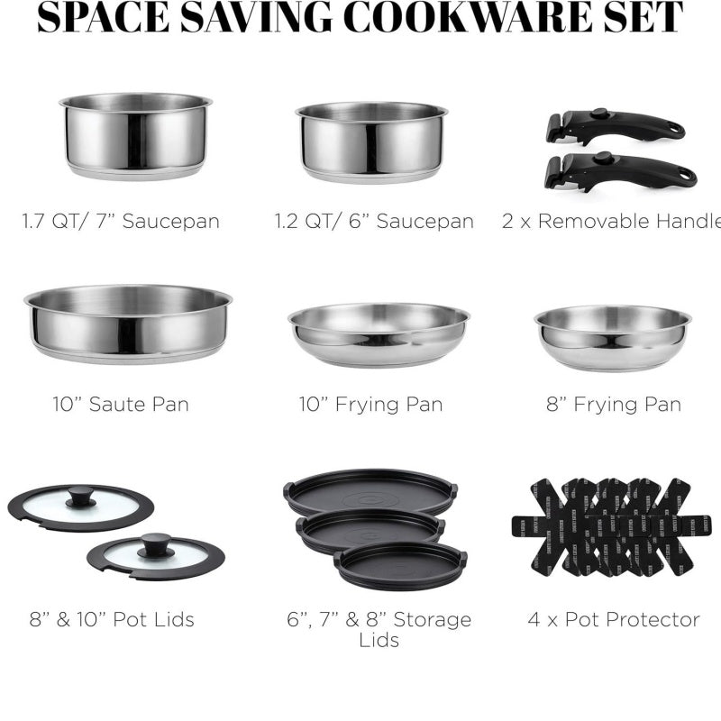 304 Stainless Steel Smooth Surface Detachable Handle Non-Stick Cookware Set