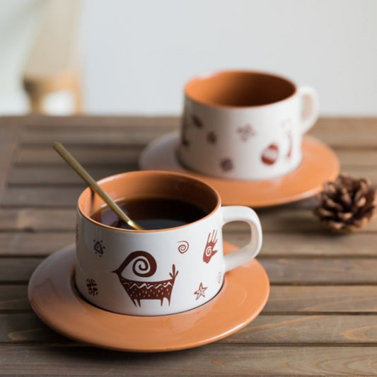 Retro Tribal And Ethnic Style Painted Ceramic Coffee Cup And Saucer Set