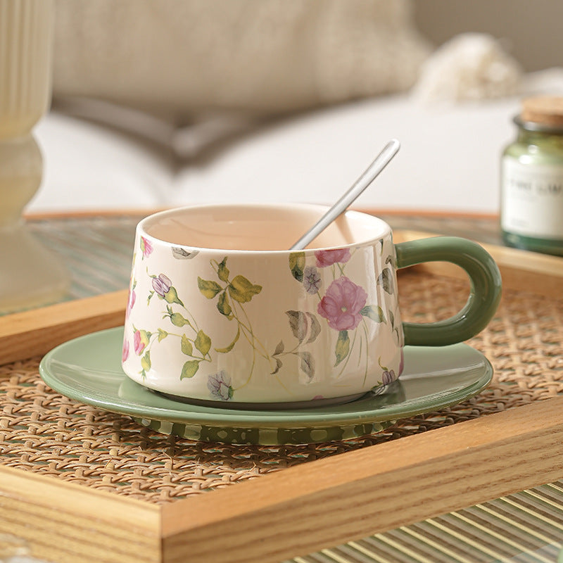 Pastoral style ceramic coffee cup and saucer set floral latte cup high appearance level afternoon tea cup