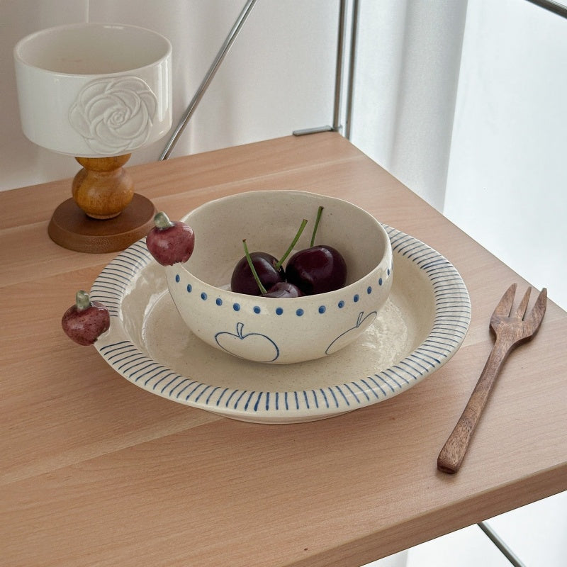 Hand-Painted Small Apple-Shaped Bowls And Plates - Rustic Pottery Tableware Set