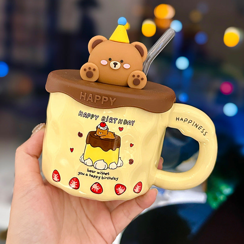 Cute cartoon rabbit hand pinch mug with lid high appearance level household straw ceramic cup with hand gift