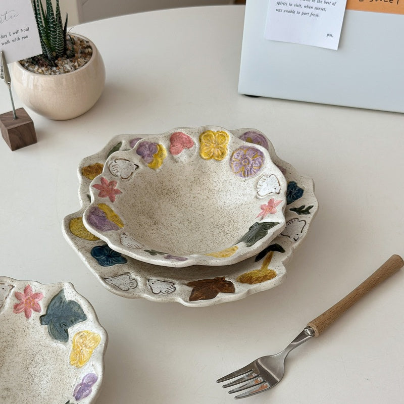 Retro Hand-Painted Underglaze Ceramic Dish Set With Bird And Flower Patterns For Dining