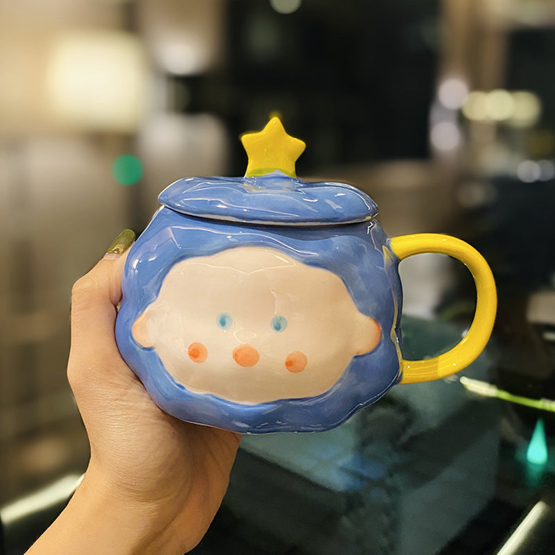 Ceramic mug with lid spoon cute cartoon home milk breakfast mug