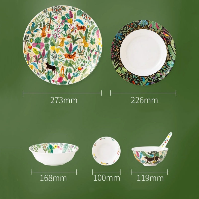 Dream Jungle Series Bone China Home Dining Plates, Bowls, Dishes And Tableware Light Luxury Set