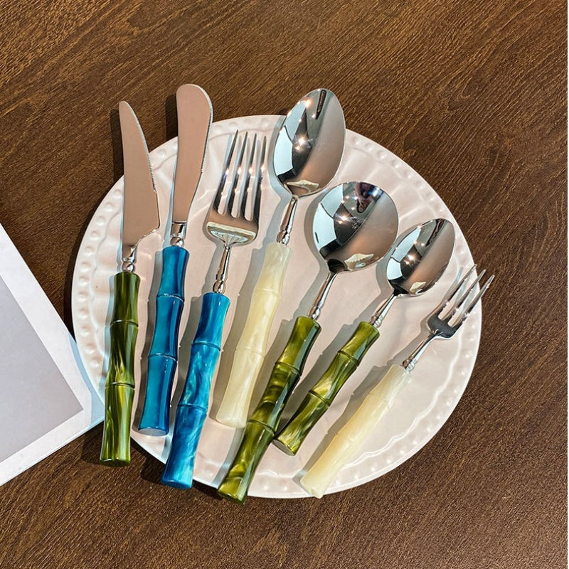Stainless Steel Vintage Pearlescent Bamboo-Joint Handle Western Tableware Set