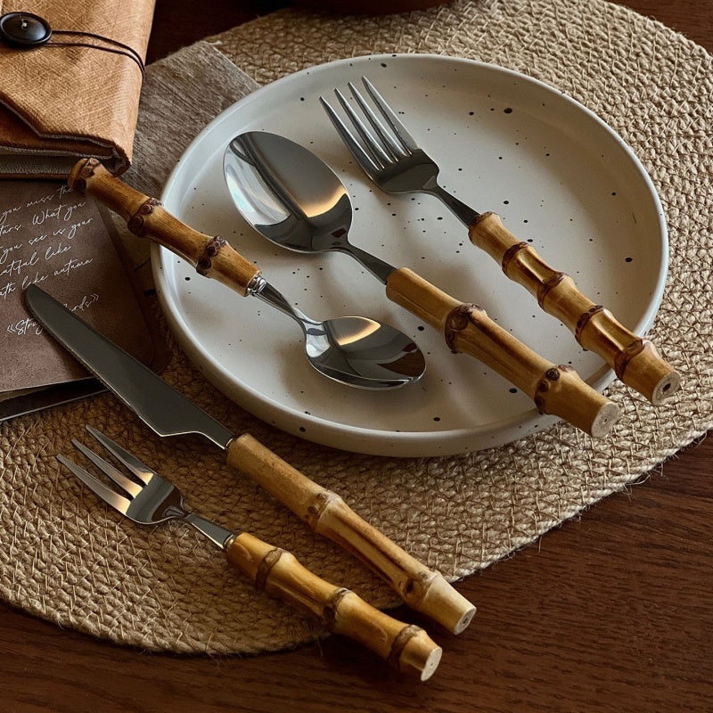 Natural Bamboo Stainless Steel Western Tableware Set