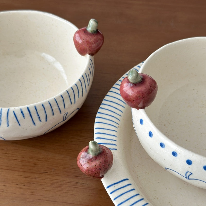 Hand-Painted Small Apple-Shaped Bowls And Plates - Rustic Pottery Tableware Set