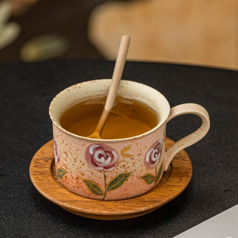 Blue And White Firestone Red Hand-Painted Gold Rose Ceramic Cup