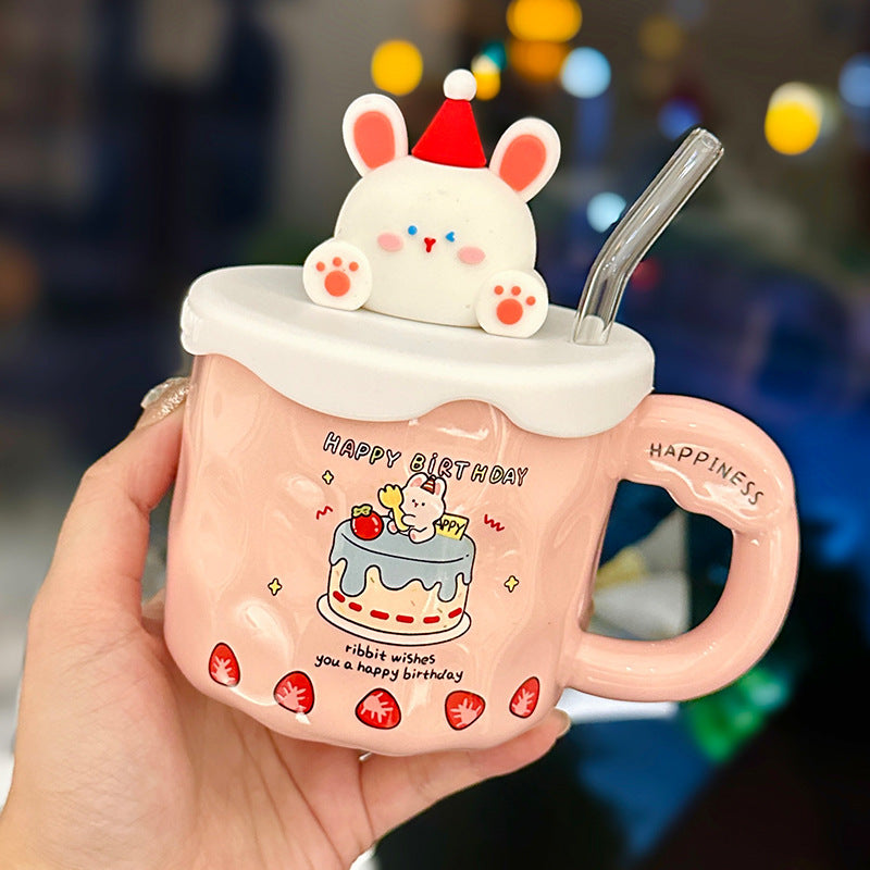 Cute cartoon rabbit hand pinch mug with lid high appearance level household straw ceramic cup with hand gift
