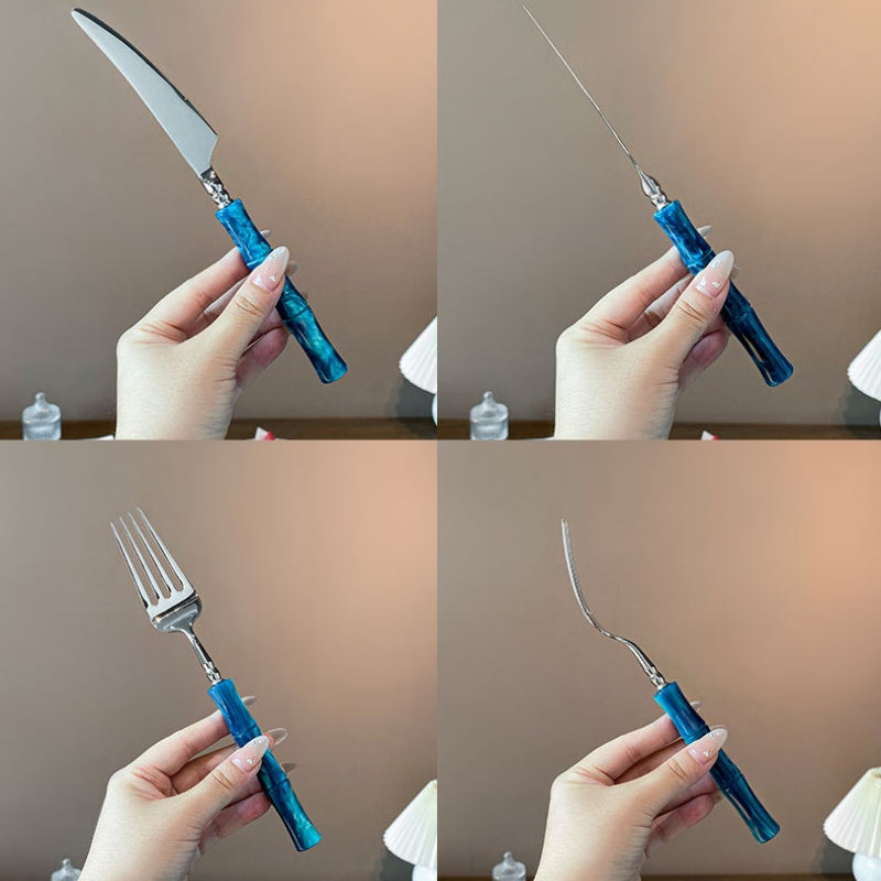 Stainless Steel Vintage Pearlescent Bamboo-Joint Handle Western Tableware Set