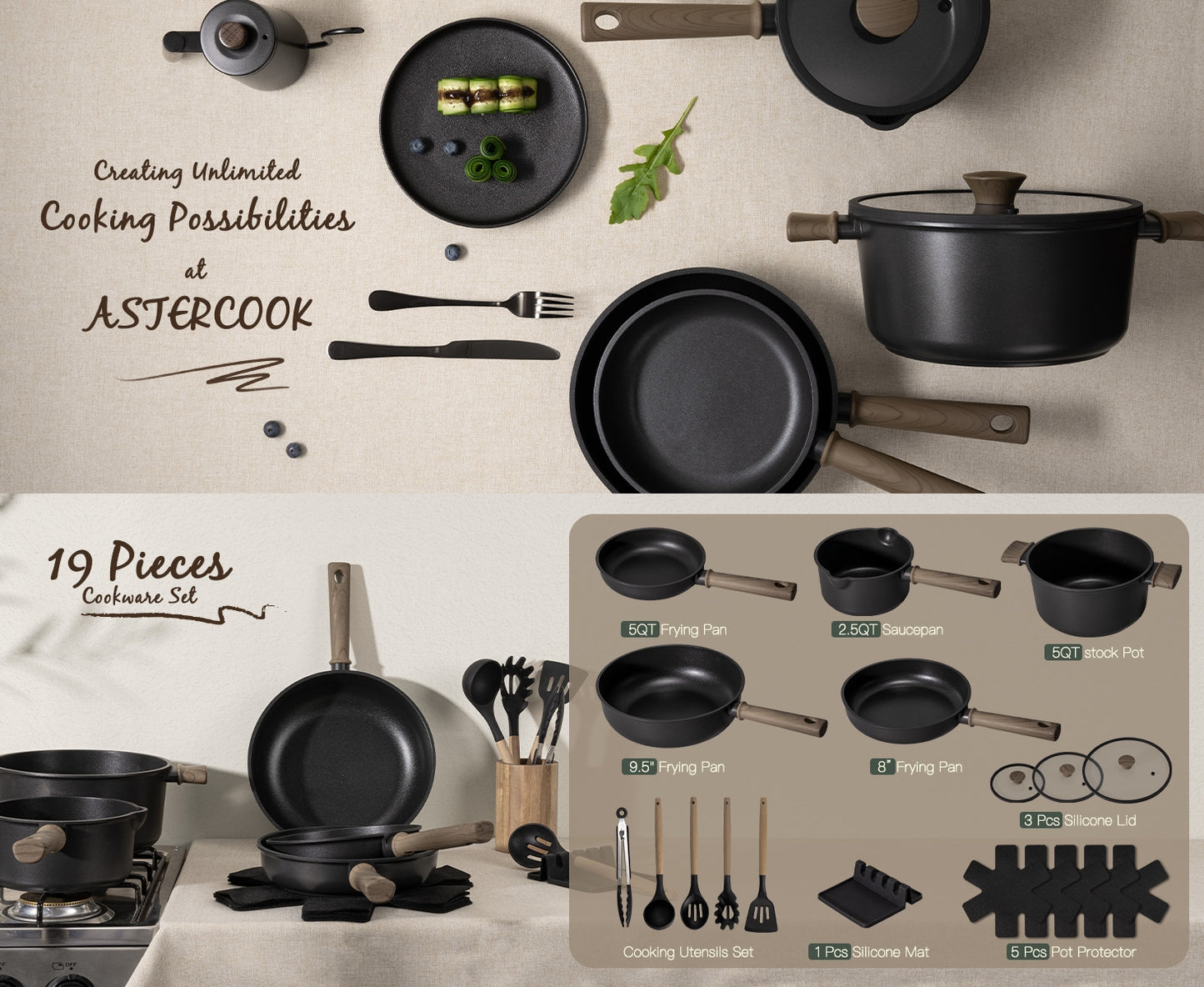 Black Non-Stick Pan Household Set, Universal Kitchen Cookware