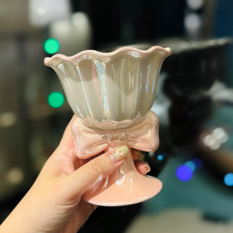 High appearance level pearl glaze bow ice cream ceramic goblet creative design sense home drinking cup
