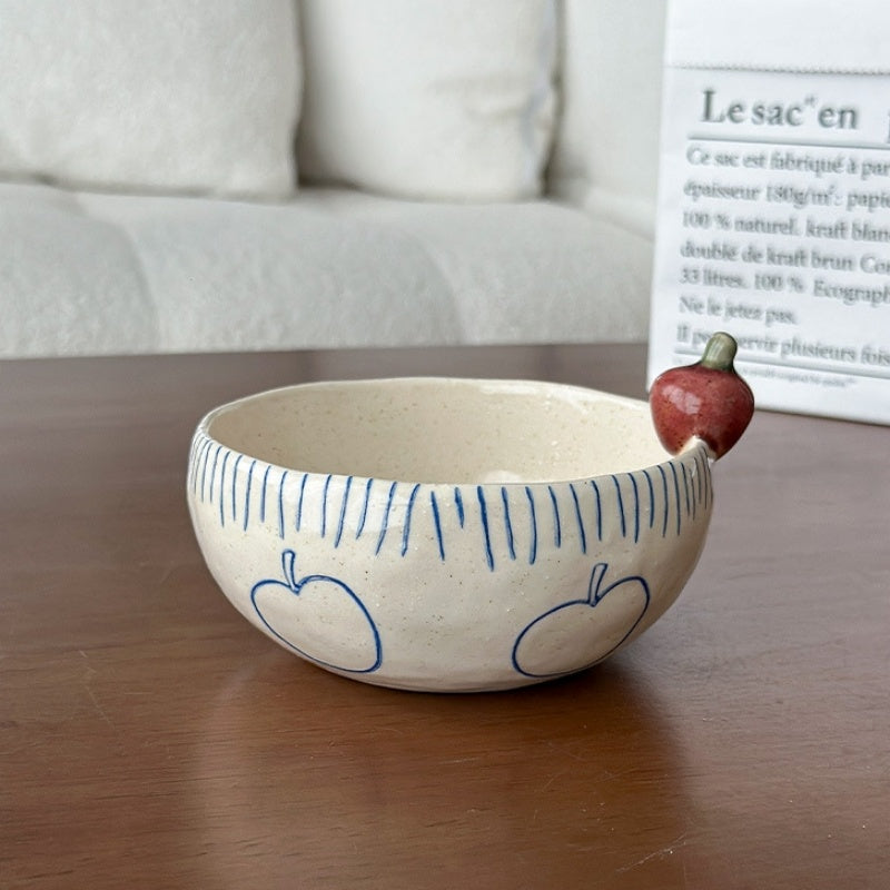 Hand-Painted Small Apple-Shaped Bowls And Plates - Rustic Pottery Tableware Set