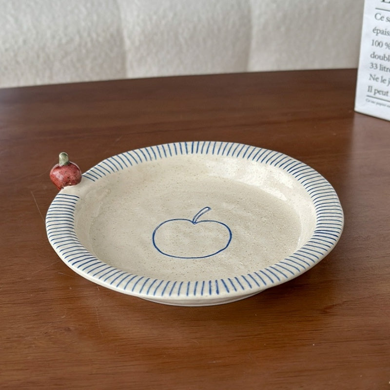 Hand-Painted Small Apple-Shaped Bowls And Plates - Rustic Pottery Tableware Set